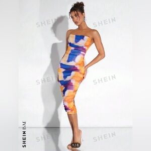 WATERCOLOR STRAPLESS DRESS